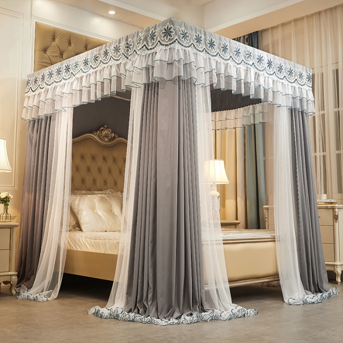 91家纺网 家纺一手货源 找家纺 艾晶美家纺 2021新款四季款豪华双杆双层蚊帐床幔 高雅灰