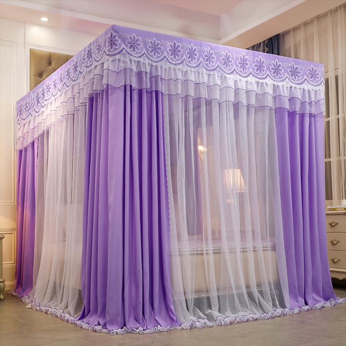 91家纺网 家纺一手货源 找家纺 艾晶美家纺 2021新款四季款豪华双杆双层蚊帐床幔 贵气紫