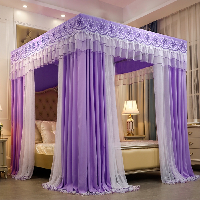 91家纺网 家纺一手货源 找家纺 艾晶美家纺 2021新款四季款豪华双杆双层蚊帐床幔 贵气紫