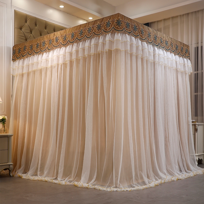 91家纺网 家纺一手货源 找家纺 艾晶美家纺 2021新款四季款豪华双杆双层蚊帐床幔 落日卡其