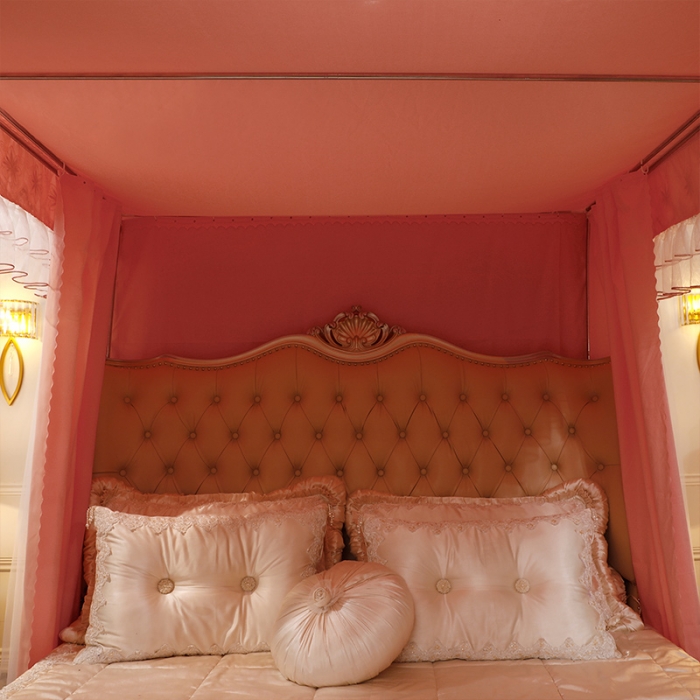 91家纺网 家纺一手货源 找家纺 艾晶美家纺 2021新款四季款豪华双杆双层蚊帐床幔 暖橙玉