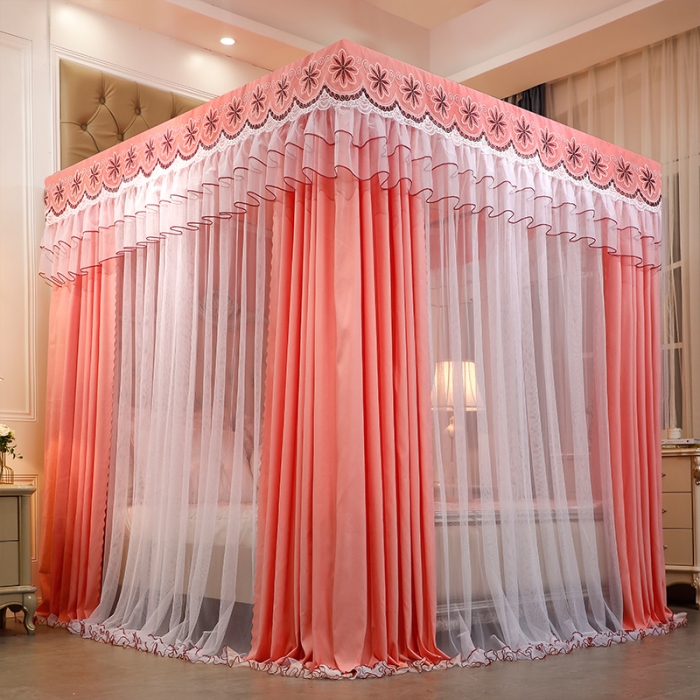 91家纺网 家纺一手货源 找家纺 艾晶美家纺 2021新款四季款豪华双杆双层蚊帐床幔 暖橙玉