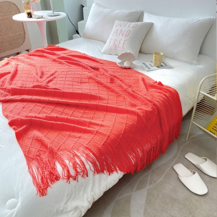 91家纺网 家纺一手货源 找家纺 朴尔针织流苏搭毯搭巾盖毯沙发巾床尾毯床尾旗酒店毯毛毯 大红色