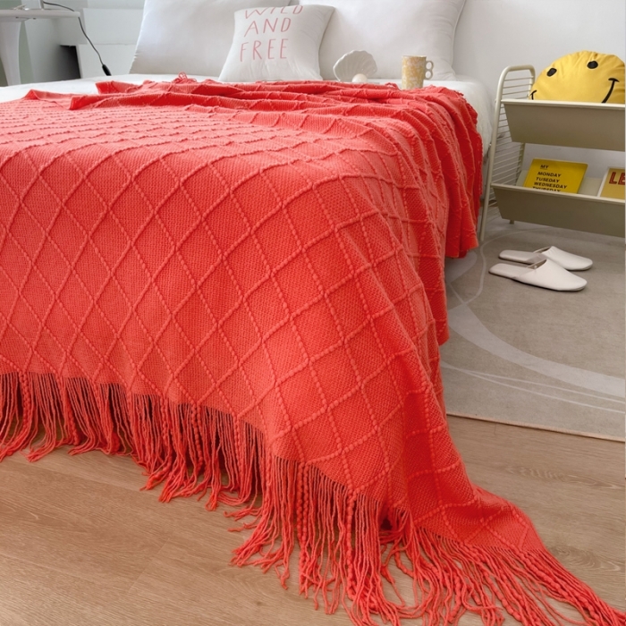 91家纺网 家纺一手货源 找家纺 朴尔针织流苏搭毯搭巾盖毯沙发巾床尾毯床尾旗酒店毯毛毯 大红色
