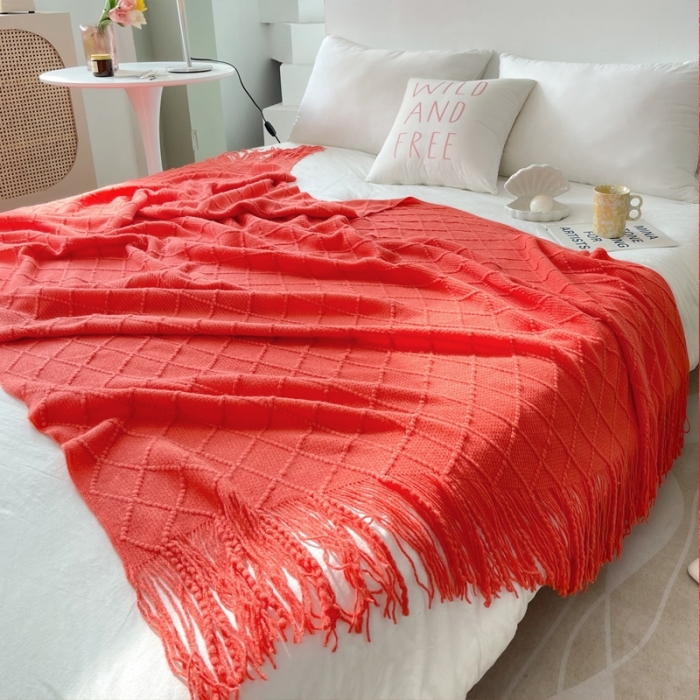 91家纺网 家纺一手货源 找家纺 朴尔针织流苏搭毯搭巾盖毯沙发巾床尾毯床尾旗酒店毯毛毯 大红色