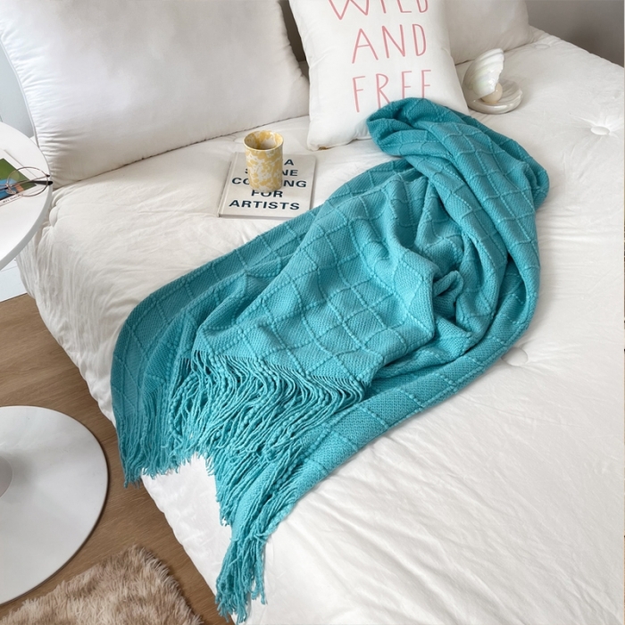 91家纺网 家纺一手货源 找家纺 朴尔针织流苏搭毯搭巾盖毯沙发巾床尾毯床尾旗酒店毯毛毯 湖蓝色