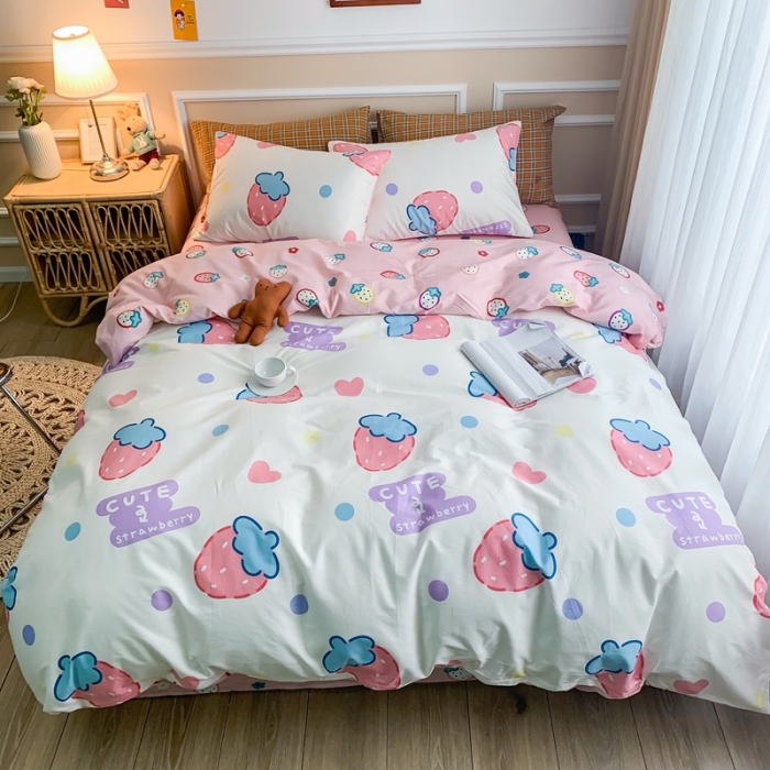 91家纺网 家纺一手货源 找家纺 感遇家纺 2020新款全棉亲肤印花四件套三件套-缘冬系列 大草莓