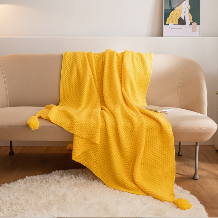 91家纺网 家纺一手货源 找家纺 北欧风披肩流苏针织毯沙发毯午睡盖毯空调被休闲毯小毛毯子 鹅黄色