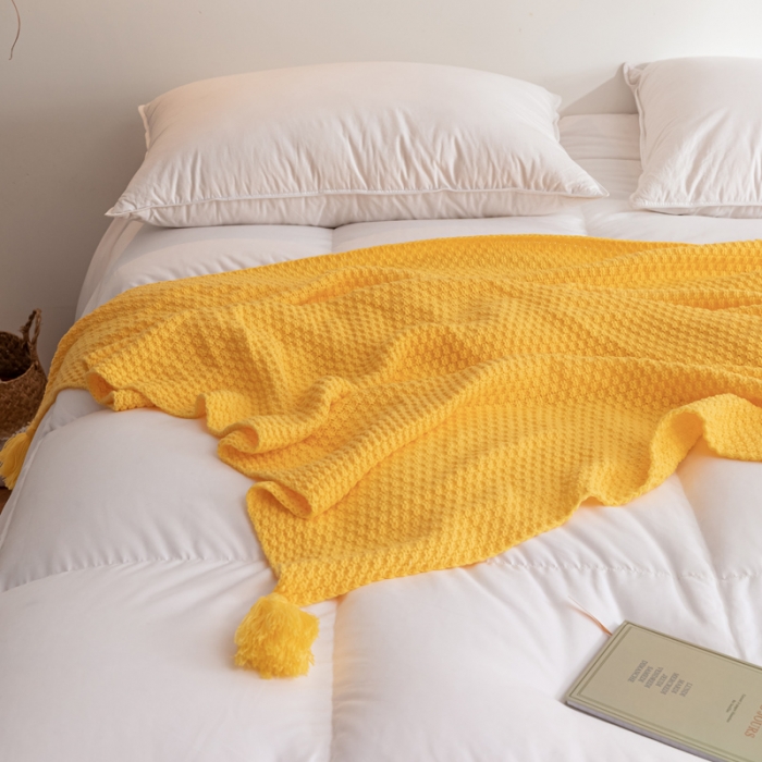 91家纺网 家纺一手货源 找家纺 北欧风披肩流苏针织毯沙发毯午睡盖毯空调被休闲毯小毛毯子 鹅黄色
