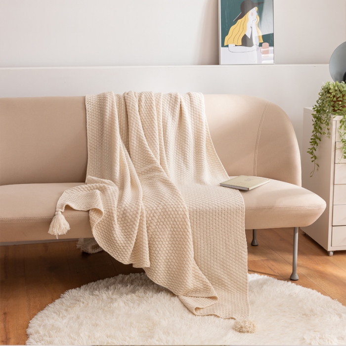 91家纺网 家纺一手货源 找家纺 北欧风披肩流苏针织毯沙发毯午睡盖毯空调被休闲毯小毛毯子 米白色