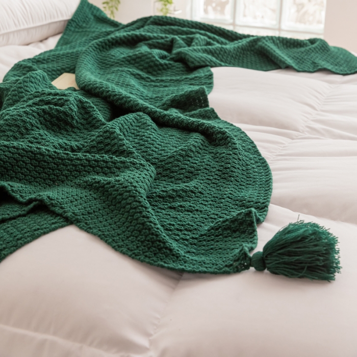 91家纺网 家纺一手货源 找家纺 北欧风披肩流苏针织毯沙发毯午睡盖毯空调被休闲毯小毛毯子 墨绿色