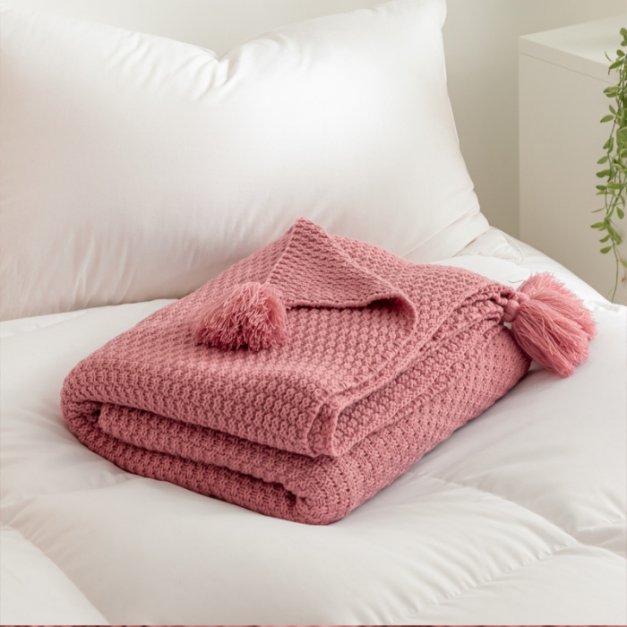 91家纺网 家纺一手货源 找家纺 北欧风披肩流苏针织毯沙发毯午睡盖毯空调被休闲毯小毛毯子 肉粉色