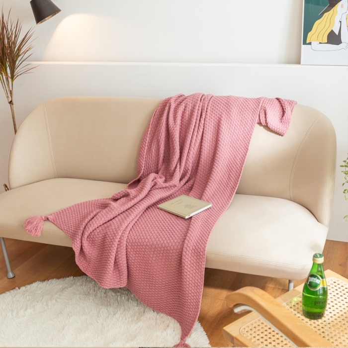 91家纺网 家纺一手货源 找家纺 北欧风披肩流苏针织毯沙发毯午睡盖毯空调被休闲毯小毛毯子 肉粉色