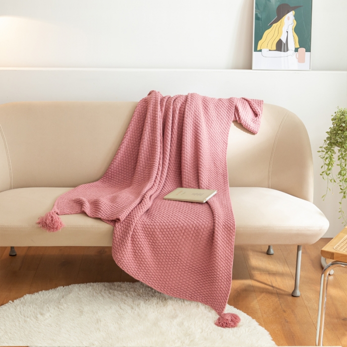 91家纺网 家纺一手货源 找家纺 北欧风披肩流苏针织毯沙发毯午睡盖毯空调被休闲毯小毛毯子 肉粉色