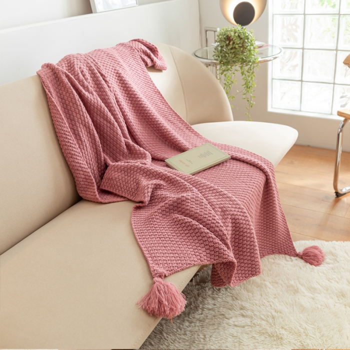91家纺网 家纺一手货源 找家纺 北欧风披肩流苏针织毯沙发毯午睡盖毯空调被休闲毯小毛毯子 肉粉色