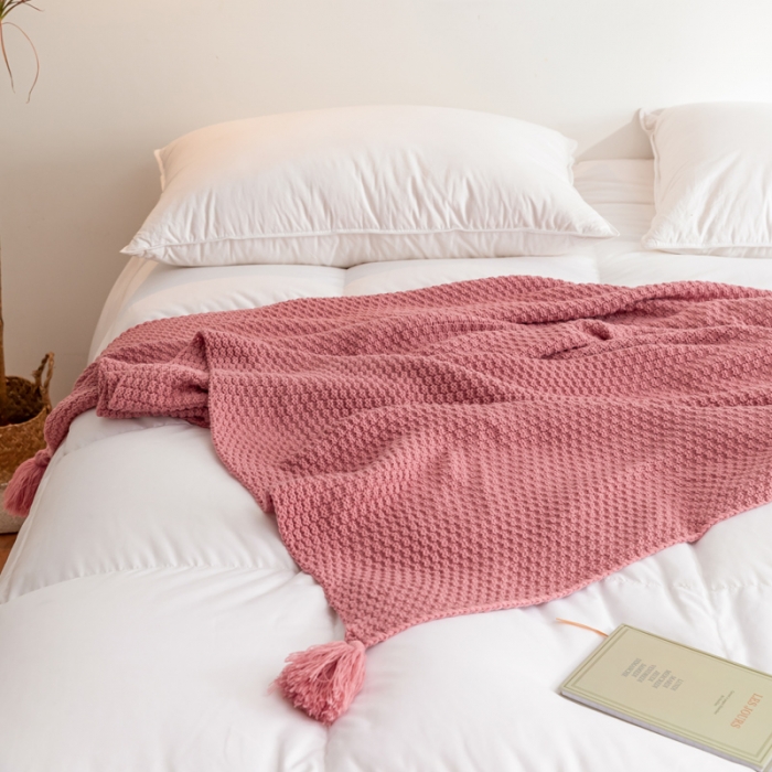 91家纺网 家纺一手货源 找家纺 北欧风披肩流苏针织毯沙发毯午睡盖毯空调被休闲毯小毛毯子 肉粉色