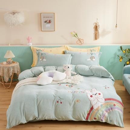 星尚家纺 2021新款牛奶绒宝宝绒四件套 萌小兔-水绿