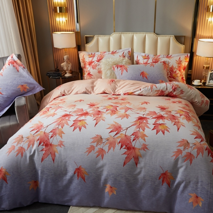 91家纺网 家纺一手货源 找家纺 威克凯丽 2023新款全棉活性生态磨毛四件套香山红叶