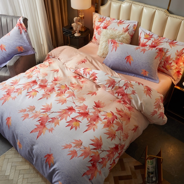 91家纺网 家纺一手货源 找家纺 威克凯丽 2023新款全棉活性生态磨毛四件套香山红叶