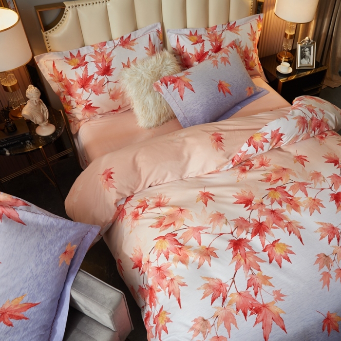 91家纺网 家纺一手货源 找家纺 威克凯丽 2023新款全棉活性生态磨毛四件套香山红叶