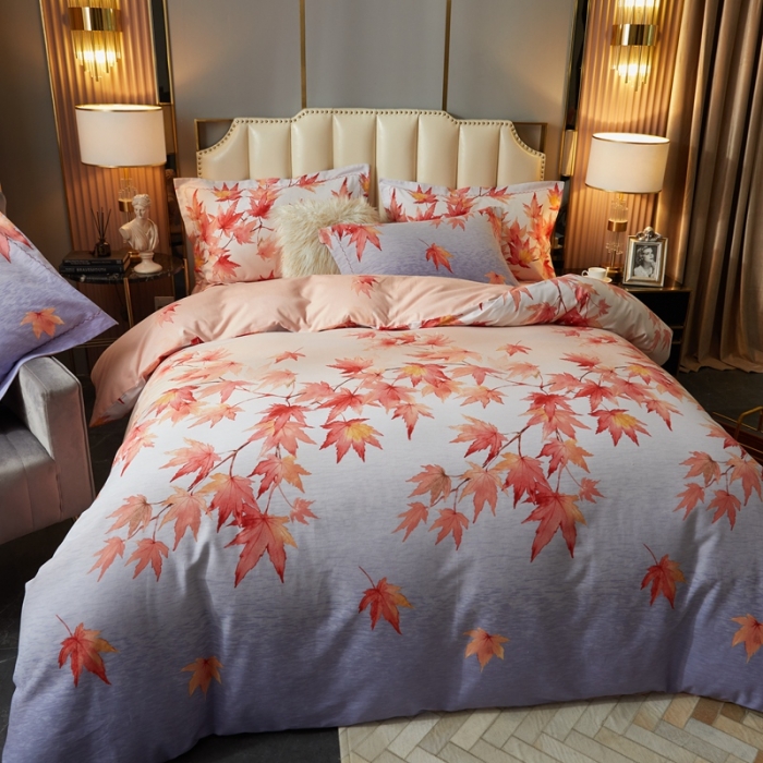 91家纺网 家纺一手货源 找家纺 威克凯丽 2023新款全棉活性生态磨毛四件套香山红叶