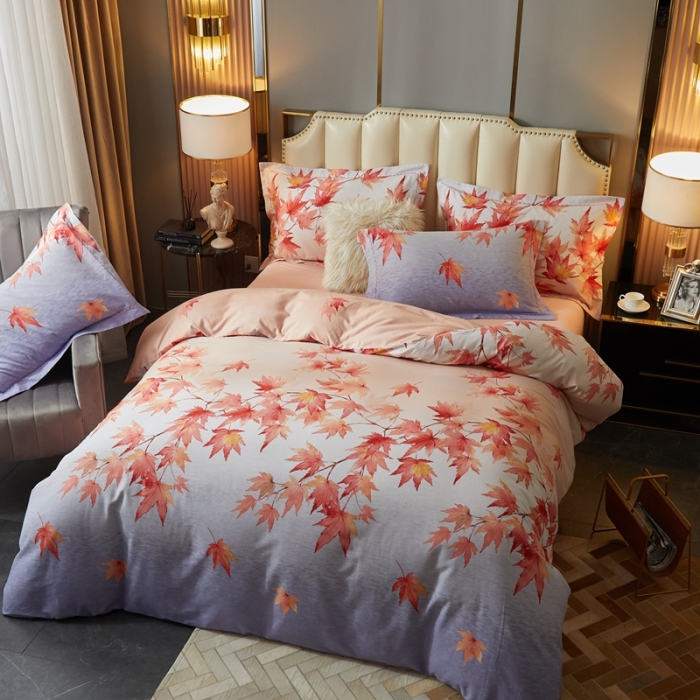 91家纺网 家纺一手货源 找家纺 威克凯丽 2023新款全棉活性生态磨毛四件套香山红叶