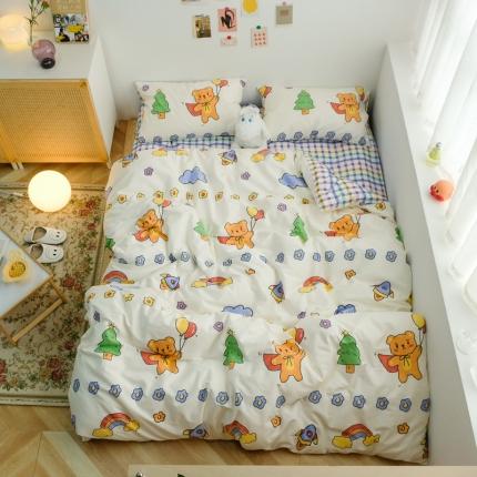 91家纺网 家纺一手货源 找家纺 桃子 2021新款纯棉13372文艺生活熊熊卡通系列四件套 气球熊