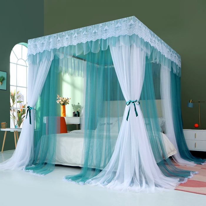 91家纺网 家纺一手货源 找家纺 艾晶美 2021新款双杆双层轻奢落地蚊帐 流光溢彩灰蓝