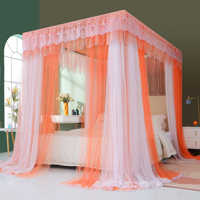 91家纺网 家纺一手货源 找家纺 艾晶美 2021新款双杆双层轻奢落地蚊帐 流光溢彩橘色