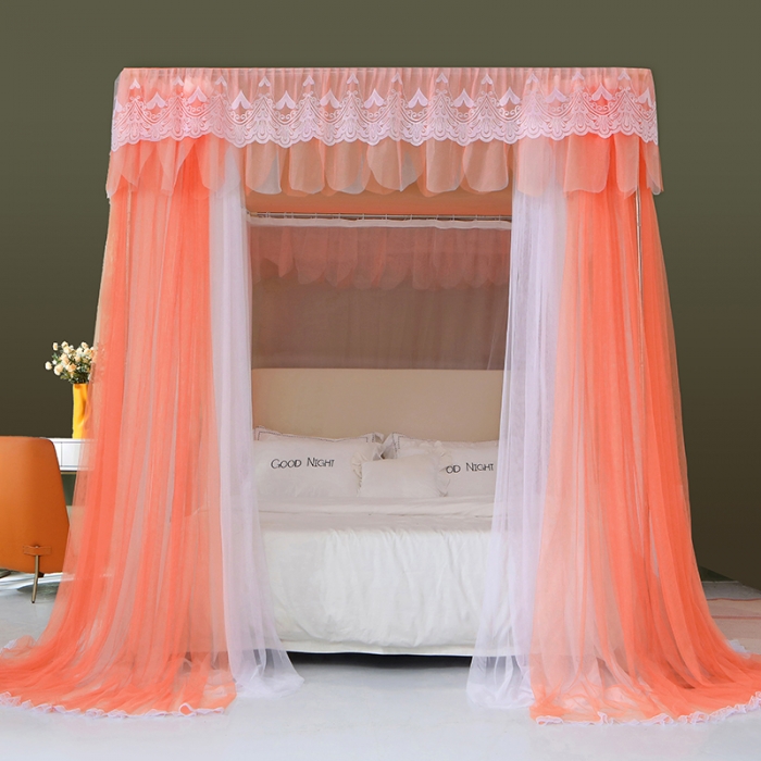 91家纺网 家纺一手货源 找家纺 艾晶美 2021新款双杆双层轻奢落地蚊帐 流光溢彩橘色