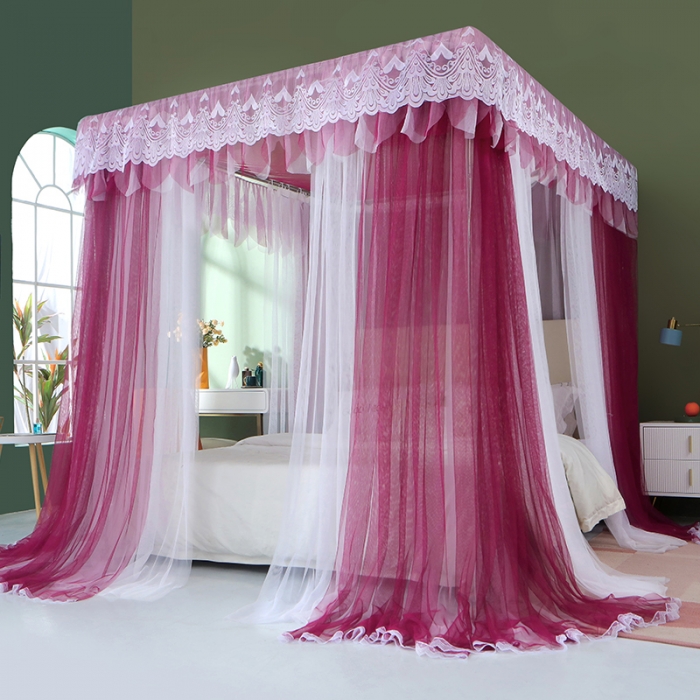 91家纺网 家纺一手货源 找家纺 艾晶美 2021新款双杆双层轻奢落地蚊帐 流光溢彩玫红