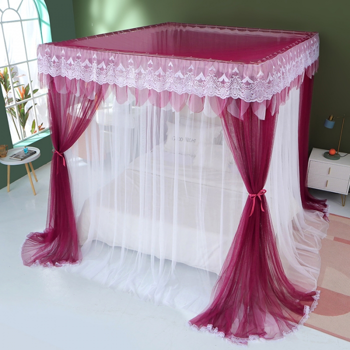 91家纺网 家纺一手货源 找家纺 艾晶美 2021新款双杆双层轻奢落地蚊帐 流光溢彩玫红