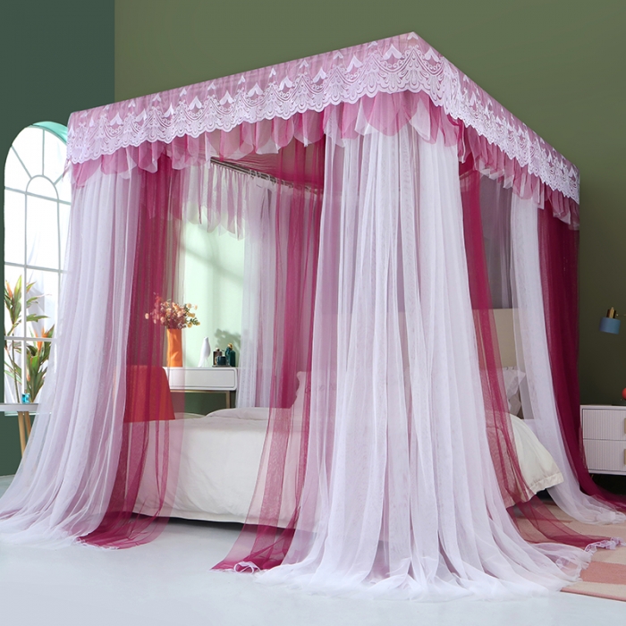 91家纺网 家纺一手货源 找家纺 艾晶美 2021新款双杆双层轻奢落地蚊帐 流光溢彩玫红
