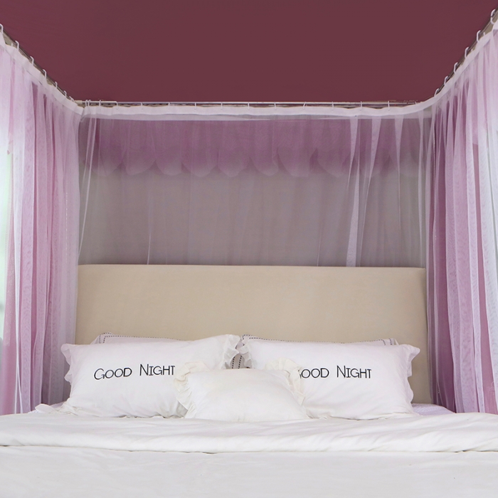 91家纺网 家纺一手货源 找家纺 艾晶美 2021新款双杆双层轻奢落地蚊帐 流光溢彩玫红