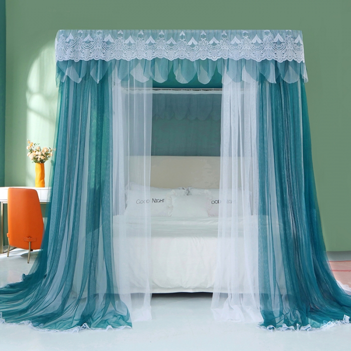91家纺网 家纺一手货源 找家纺 艾晶美 2021新款双杆双层轻奢落地蚊帐 流光溢彩墨绿