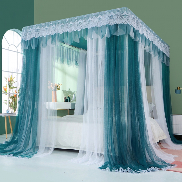 91家纺网 家纺一手货源 找家纺 艾晶美 2021新款双杆双层轻奢落地蚊帐 流光溢彩墨绿