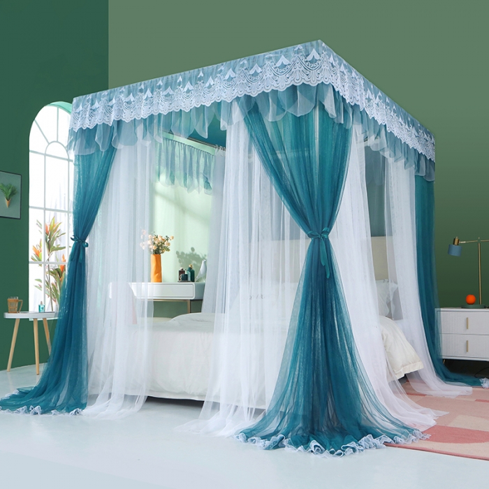 91家纺网 家纺一手货源 找家纺 艾晶美 2021新款双杆双层轻奢落地蚊帐 流光溢彩墨绿