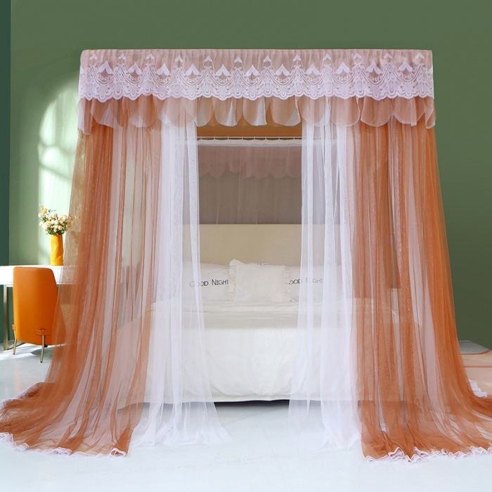 91家纺网 家纺一手货源 找家纺 艾晶美 2021新款双杆双层轻奢落地蚊帐 流光溢彩浅咖