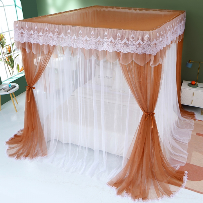 91家纺网 家纺一手货源 找家纺 艾晶美 2021新款双杆双层轻奢落地蚊帐 流光溢彩浅咖