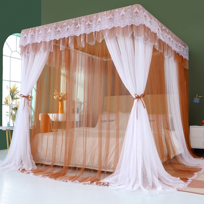 91家纺网 家纺一手货源 找家纺 艾晶美 2021新款双杆双层轻奢落地蚊帐 流光溢彩浅咖