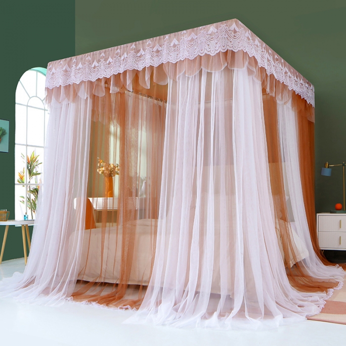 91家纺网 家纺一手货源 找家纺 艾晶美 2021新款双杆双层轻奢落地蚊帐 流光溢彩浅咖