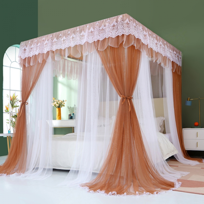 91家纺网 家纺一手货源 找家纺 艾晶美 2021新款双杆双层轻奢落地蚊帐 流光溢彩浅咖