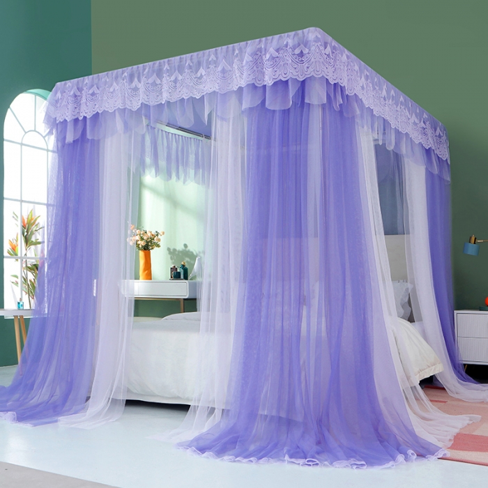 91家纺网 家纺一手货源 找家纺 艾晶美 2021新款双杆双层轻奢落地蚊帐 流光溢彩雪青