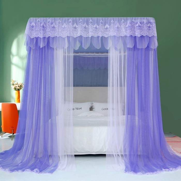 91家纺网 家纺一手货源 找家纺 艾晶美 2021新款双杆双层轻奢落地蚊帐 流光溢彩雪青