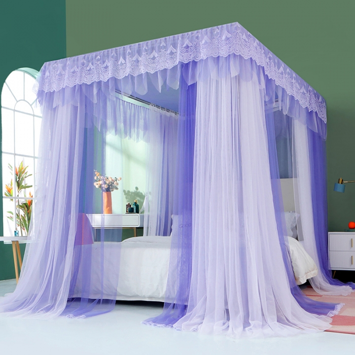 91家纺网 家纺一手货源 找家纺 艾晶美 2021新款双杆双层轻奢落地蚊帐 流光溢彩雪青