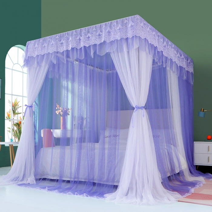 91家纺网 家纺一手货源 找家纺 艾晶美 2021新款双杆双层轻奢落地蚊帐 流光溢彩雪青