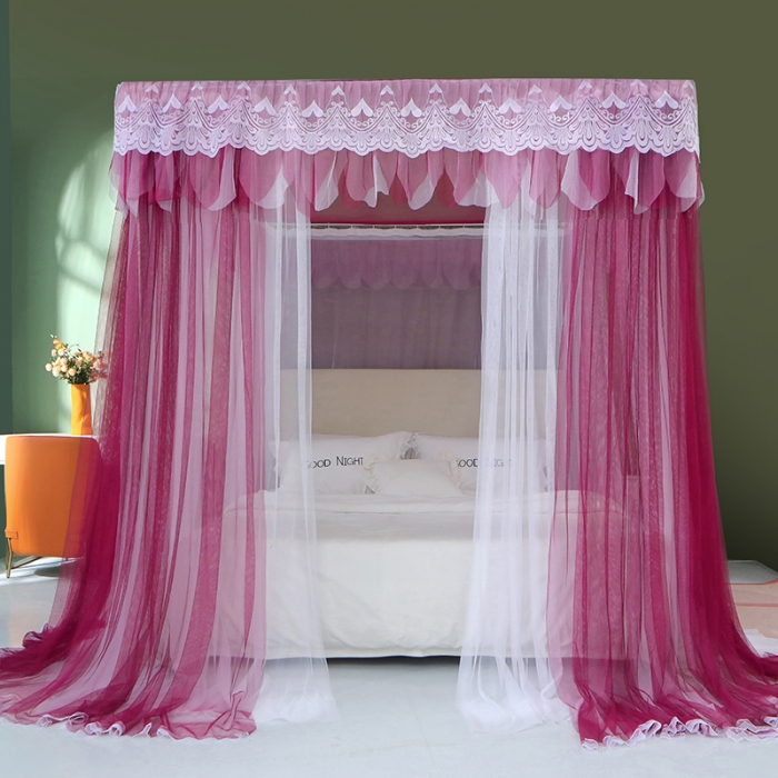 91家纺网 家纺一手货源 找家纺 艾晶美 2021新款双杆双层轻奢落地蚊帐 流光溢彩玫红