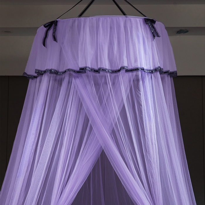 91家纺网 家纺一手货源 找家纺 艾晶美 2021新款蝴蝶结圆顶蚊帐 贵气紫