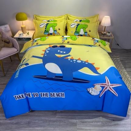 金爱家 2021新款13372大版全棉卡通四件套 冲浪龙