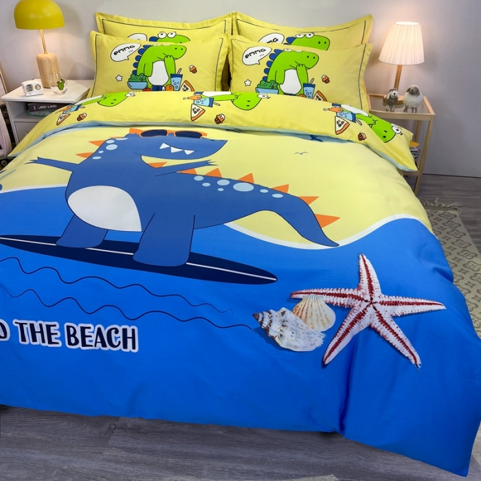 91家纺网 家纺一手货源 找家纺 金爱家 2021新款13372大版全棉卡通四件套 冲浪龙